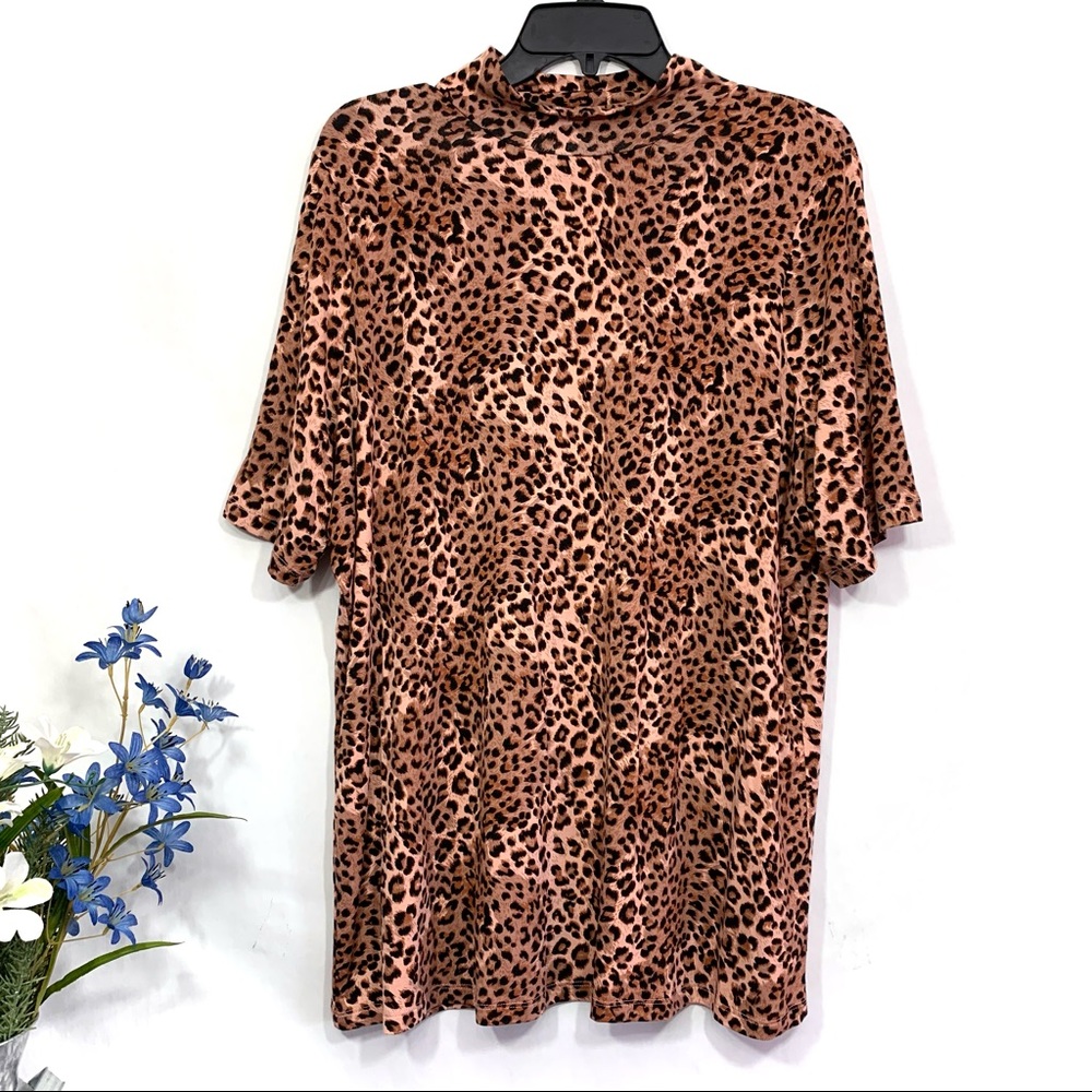 Ellos Women's Brown Leopard Print Short Sleeve Mock Neck Top